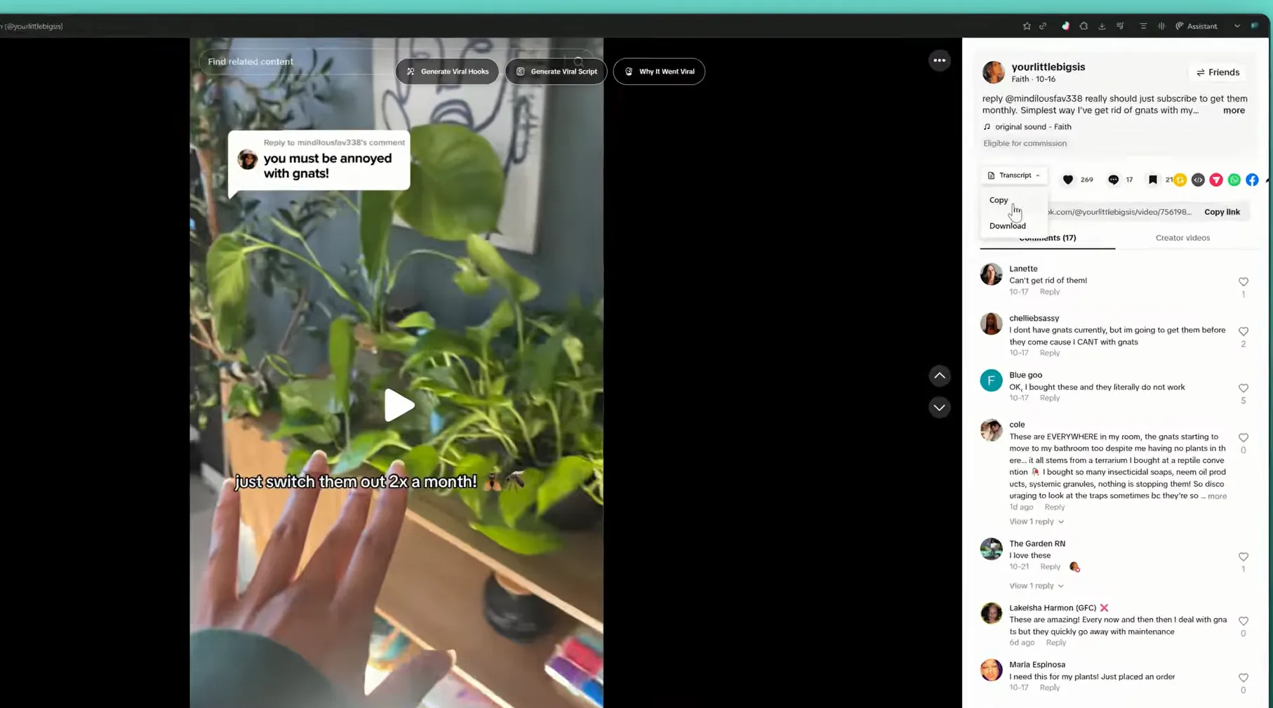 TokScript Chrome extension on a TikTok video — transcript copy and download plus viral hook, script, and virality buttons in the feed