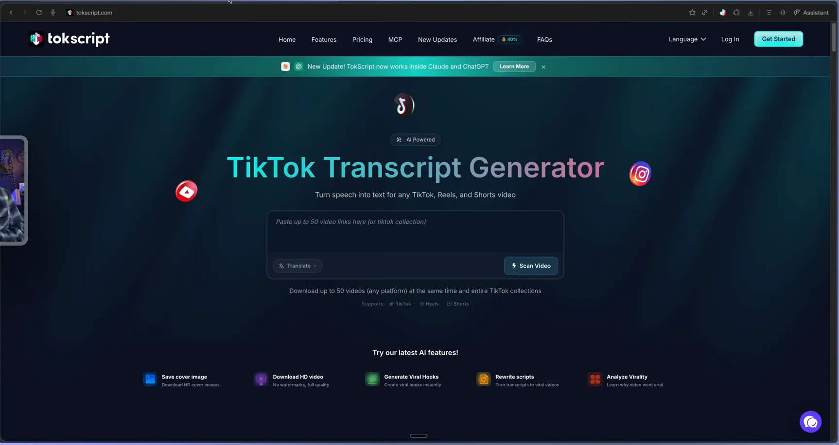 TokScript transcription input — paste up to 50 TikTok, Reels, or Shorts links with translate and scan controls